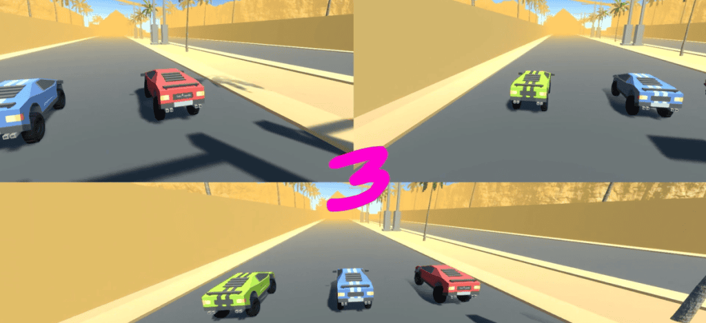 Race Bros 2020 Game for PS4. Shows the beginning of a 3 player game of the map Egypt Highway