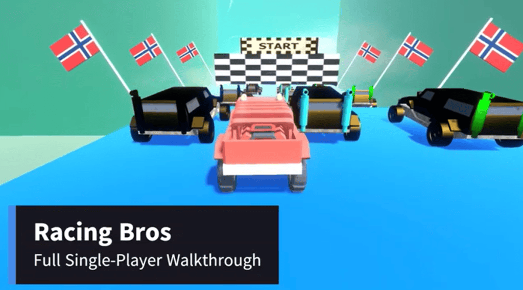 First race of the video game Racing Bros with a title screen saying this is a full single-player walkthrough