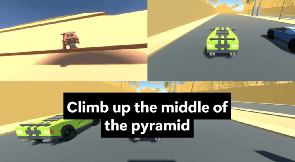 Red car in Racing Bros, climbing the pyramid in Egypt Highway