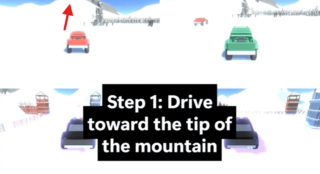 Starting point of the snow level in Racing Bros game, with instructions to drive straight toward the tip of the mountain