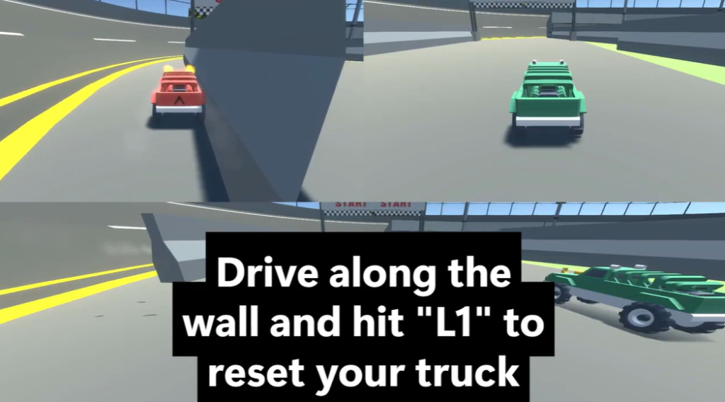 Red truck is driving parallel to the wall in the USA map of the game Racing Bros