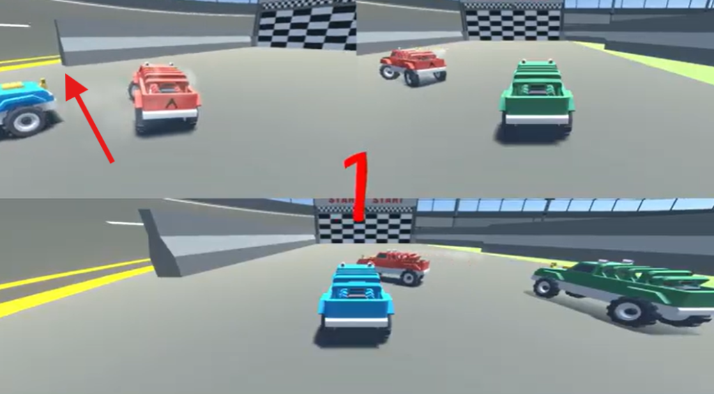 Red truck starting the USA Map in Racing Bros by driving left, to the other side of the wall.