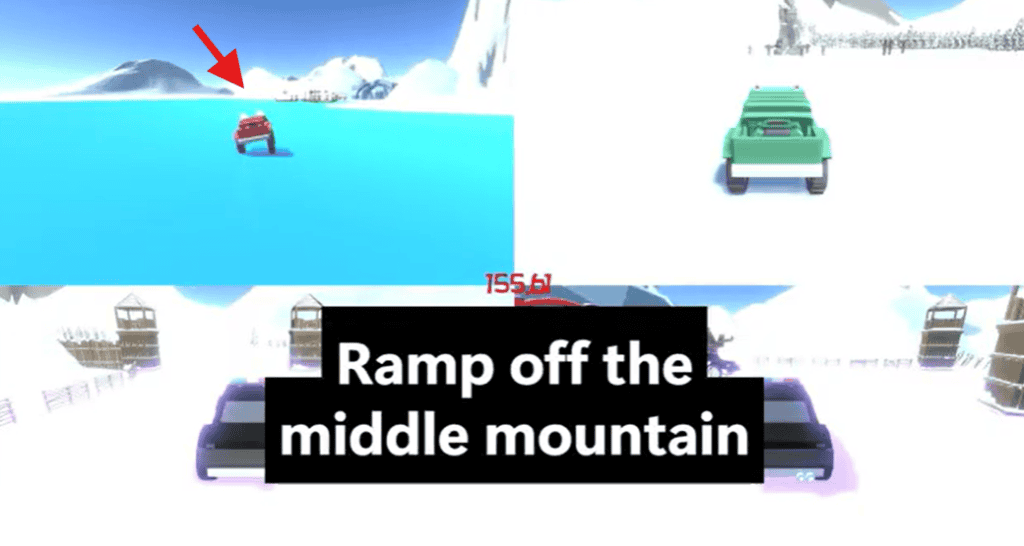 Red truck on the water in the snow level of the Racing Bros game on PS4