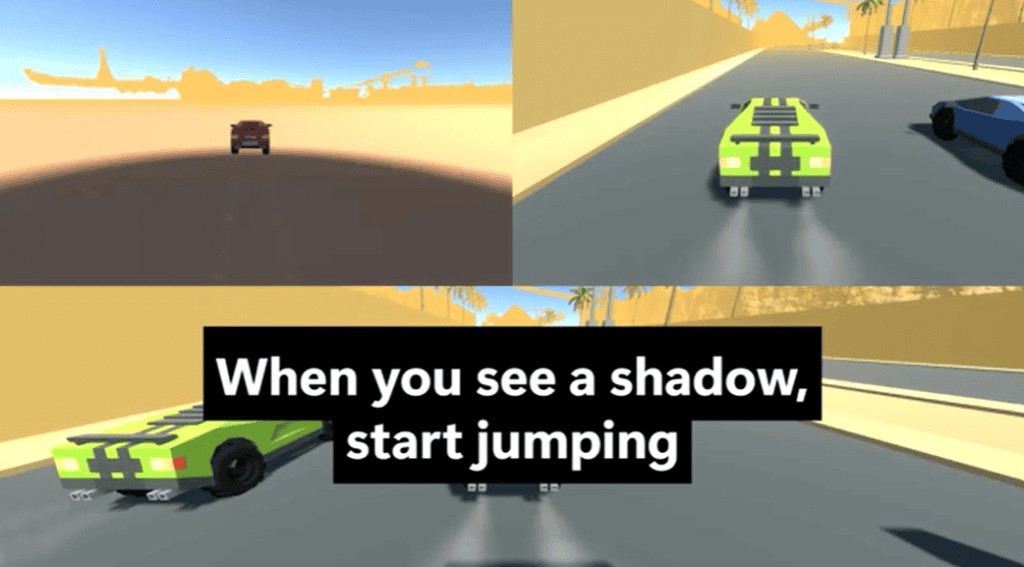 Red car in Egypt Highway with a shadow over it, with instructions to start jumping