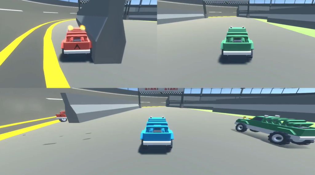 Red truck driving parallel to the wall in the USA track of Racing Bros