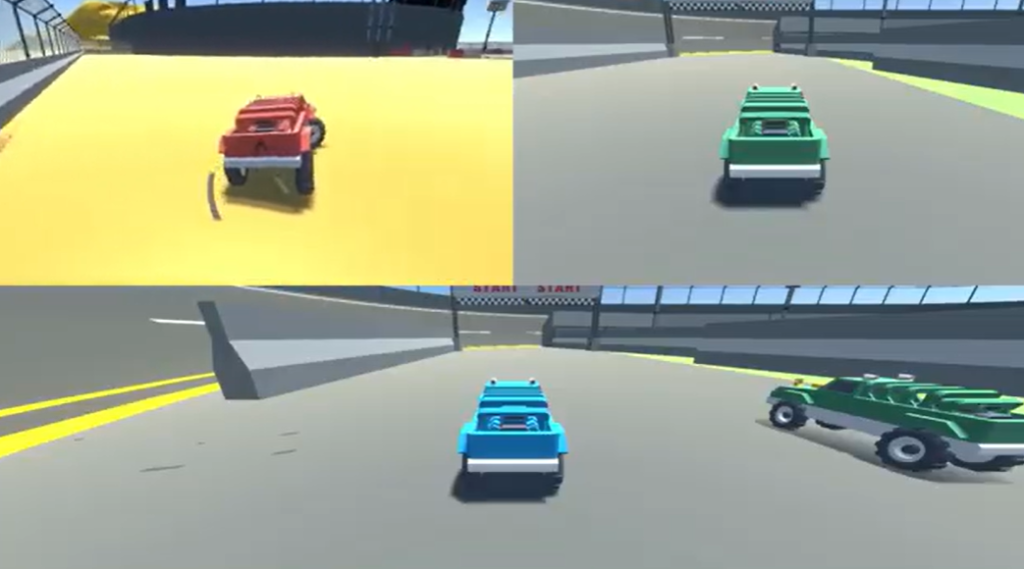 Red truck on the other side of the circular track of the USA level of Racing Bros