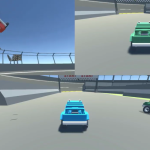 Red truck flying over the wall of the circular map in the USA track of Racing Bros