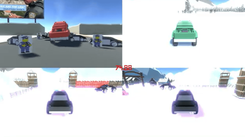 Red truck driving over Chief Wiggum Posters and Tiny Cop Cars in the secret map of the snow level in Racing Bros